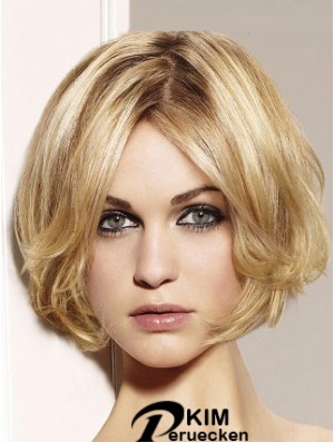 Blonde Bob Perücke Remy Mensch Kinn Länge Spitze vorne gewellt Stil