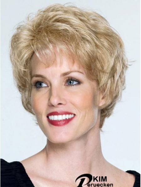 Klassische Kappe Perücken Remy Mensch Blonde Farbe Wellenförmiger Stil Kurze Länge