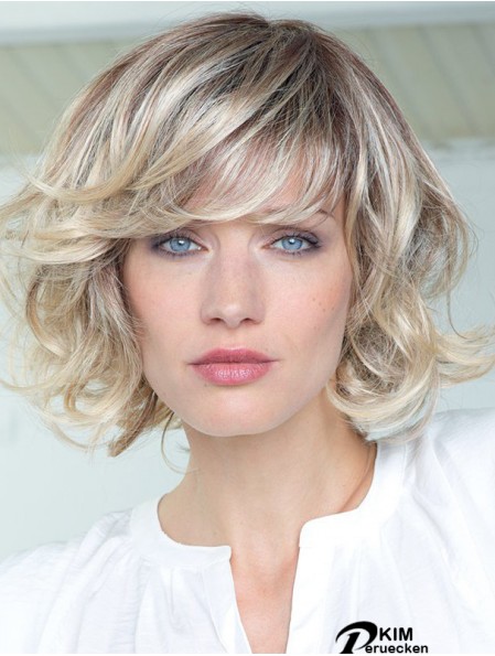 Echthaar lockige Perücken mit Pony Monofilament schulterlange blonde Farbe