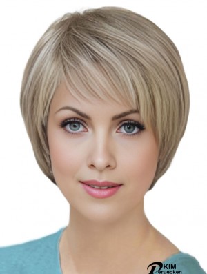 100% handgebundene kurze gerade gerade klassische blonde Echthaarperücken