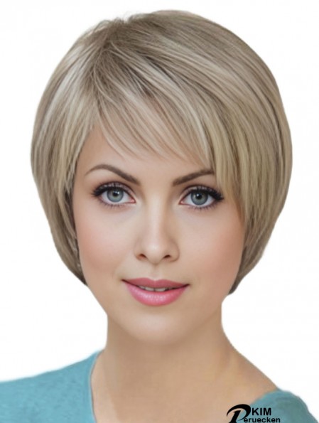 100% handgebundene kurze gerade gerade klassische blonde Echthaarperücken
