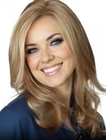 Blonde Mono Top Perücken Echthaar mit Spitze vorne lange Länge wellig