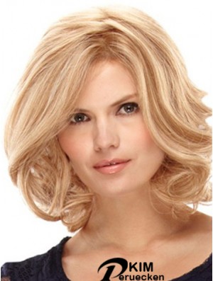 Blonde schulterlange hochwertige Locken geschichtete Spitzenperücken