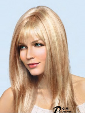 16 Zoll Blonde Remy Human Straight Mit Pony Handgebundene Spitze Perücken
