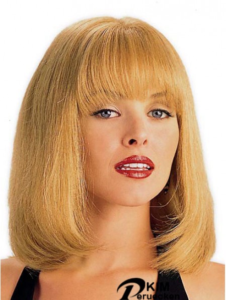 Echthaar Perücke Blond Mit Pony Straight Style Schulterlänge
