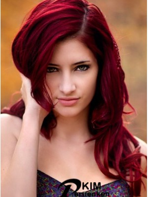 Wellig ohne Pony Lange rote No-Fuss Lace Front Perücken