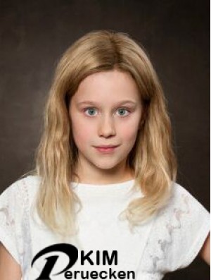 Spitze vorne 12 Zoll gewellt Schulterlänge ohne Pony Blonde Remy Menschenhaar Kinder Perücken