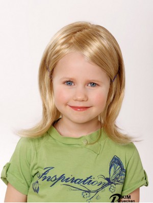 100% handgebundene 12 Zoll gerade Schulterlänge ohne Pony Blonde Remy Echthaar Perücken für Kinder