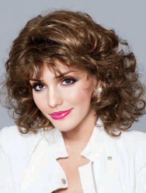 No-Fuss Brown schulterlang lockig mit Pony Lace Front Perücken