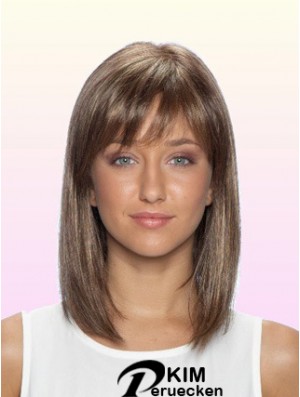 Straight With Bangs Schulterlange braune Perücken mit schnörkelloser Spitze