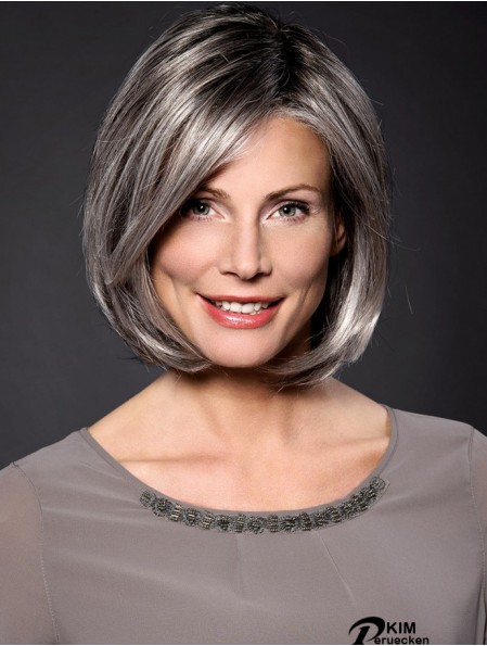 Straight Grey 10  inchGrey Synthetic 100% handgebundene Perücken in Kinnlänge für Frauen