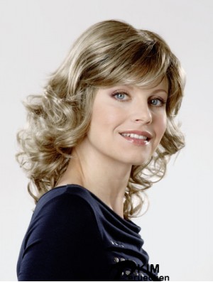 Monofilament Synthetic 14  inchSchulterlange lockige Blondine mit Pony Krebs Perücken für Frauen