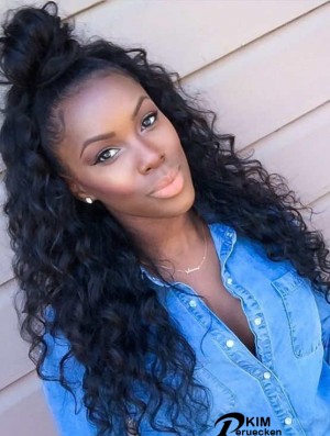 Curly Black 18  inchOhne Pony Remy Echthaar 360 Spitze Perücken