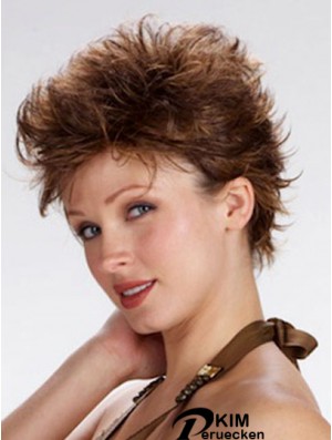 100% handgebundene abgeschnittene braune gewellte Boycuts Monofilament Perücke Sale