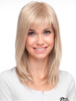 Hochwertige blonde gerade mit Pony Monofilament langen Perücken