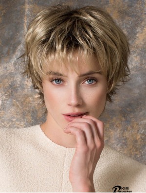 8 Zoll schlanke gerade geschichtete blonde kurze Perücken