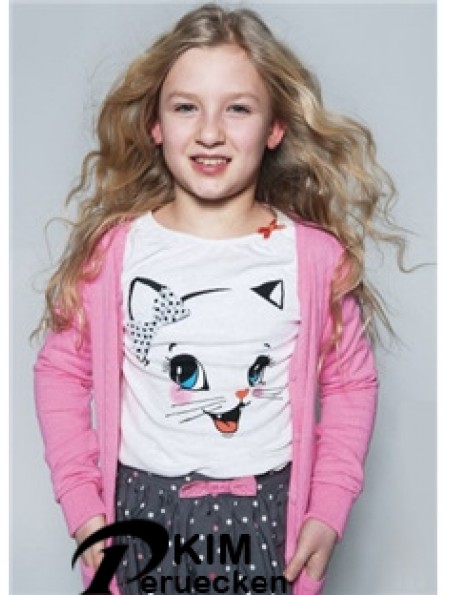 Kinderperücken zum Verkauf Blonde Farbe 100% handgebundener gewellter Stil