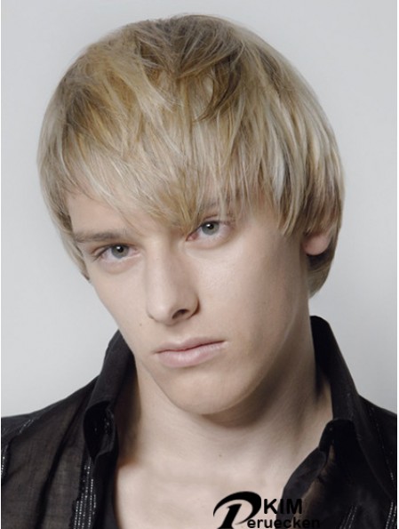 Blonde Capless Remy Mensch gerade kurze Herren Perücken UK