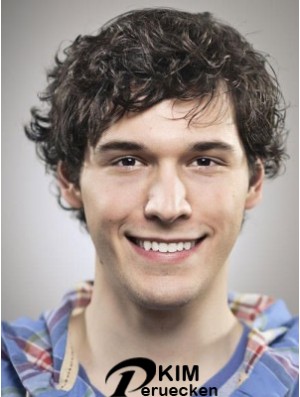 Capless Layered Curly Synthetic Short Black Perücken für kahle Männer