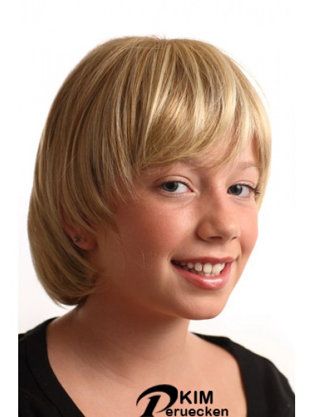 Gerade kurze blonde synthetische kappenlose Kinderperücken