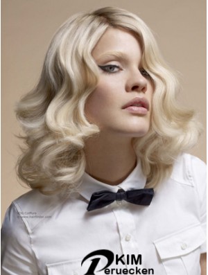 Volle Spitze ohne Pony Schulterlange gewellte 14  inchplatinblonde Top Fashion Perücken