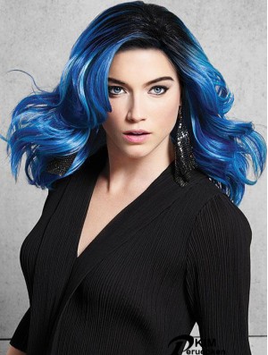 Schulterlange Great Blue Synthetic ohne Pony Lace Front Perücken
