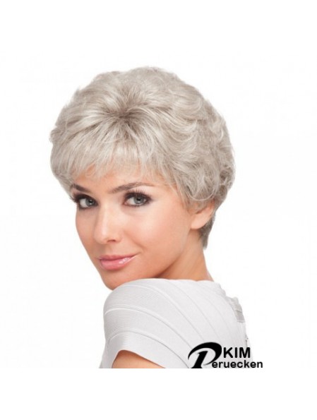Kurze Frisur für ältere Damen mit synthetischem, kappenlosem, grauem Schnitt